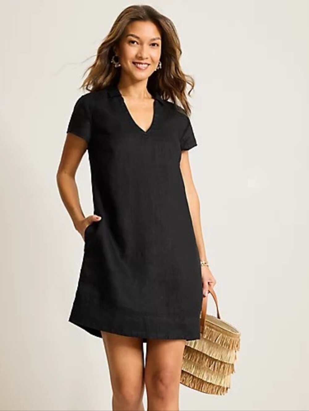 Tommy Bahama Two Palms Short-Sleeve Linen Collared Shirt Dress Black Medium